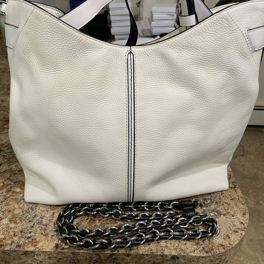 Michael Kors White Pebbled W/Black Leather Chain Large Satchel Bag